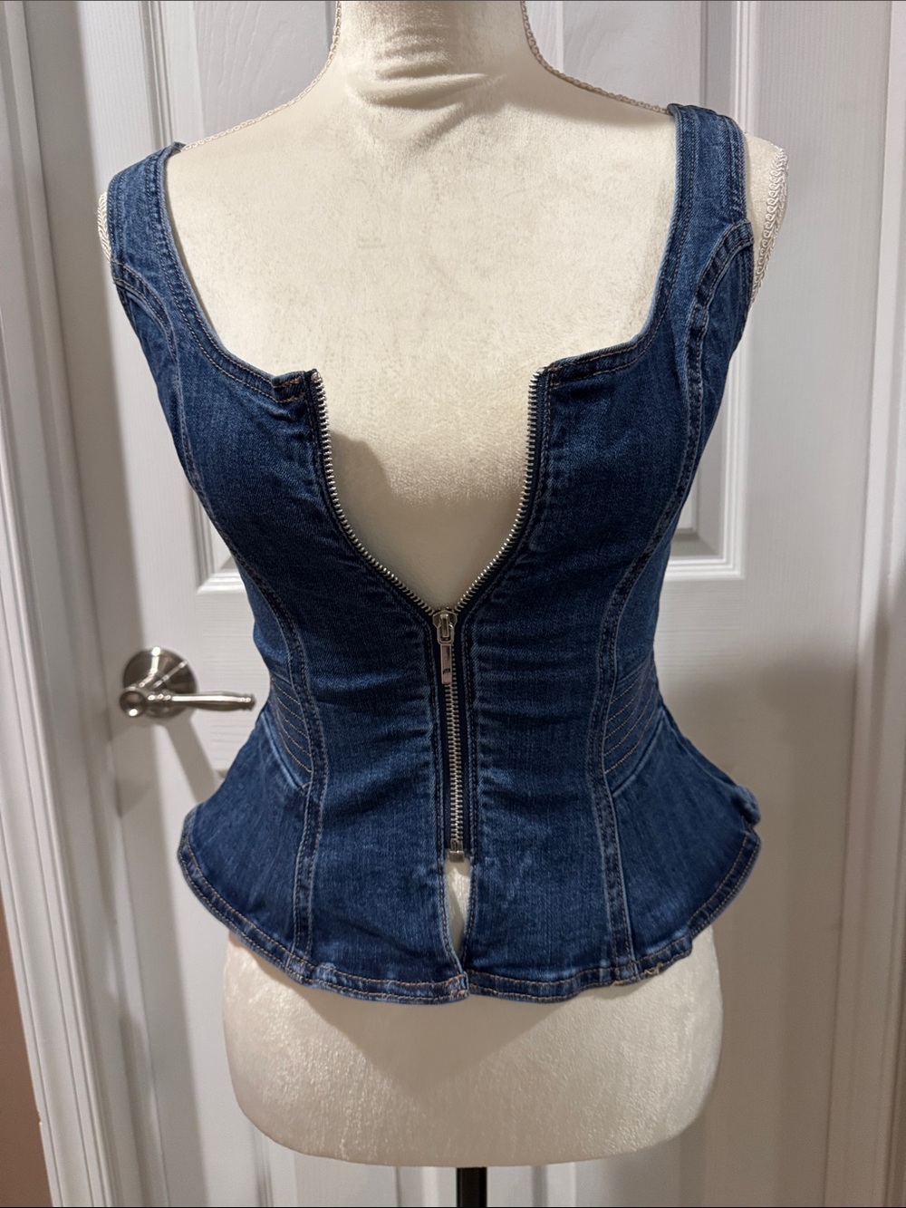 bebe Light Blue Denim Top with Black Logo Tag